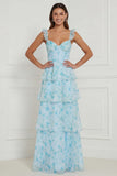 Blue Flower A Line Spaghetti Straps Tiered Floor Length Dress with Slit