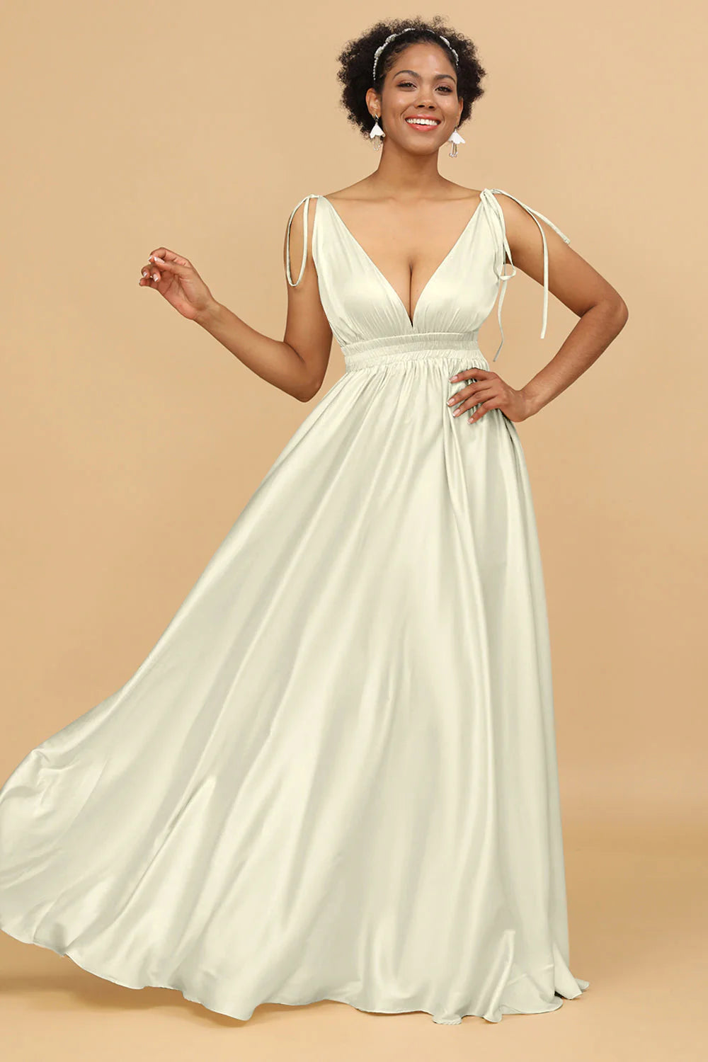 A Line Deep V Neck Backless Floor Length Bridesmaid Dress
