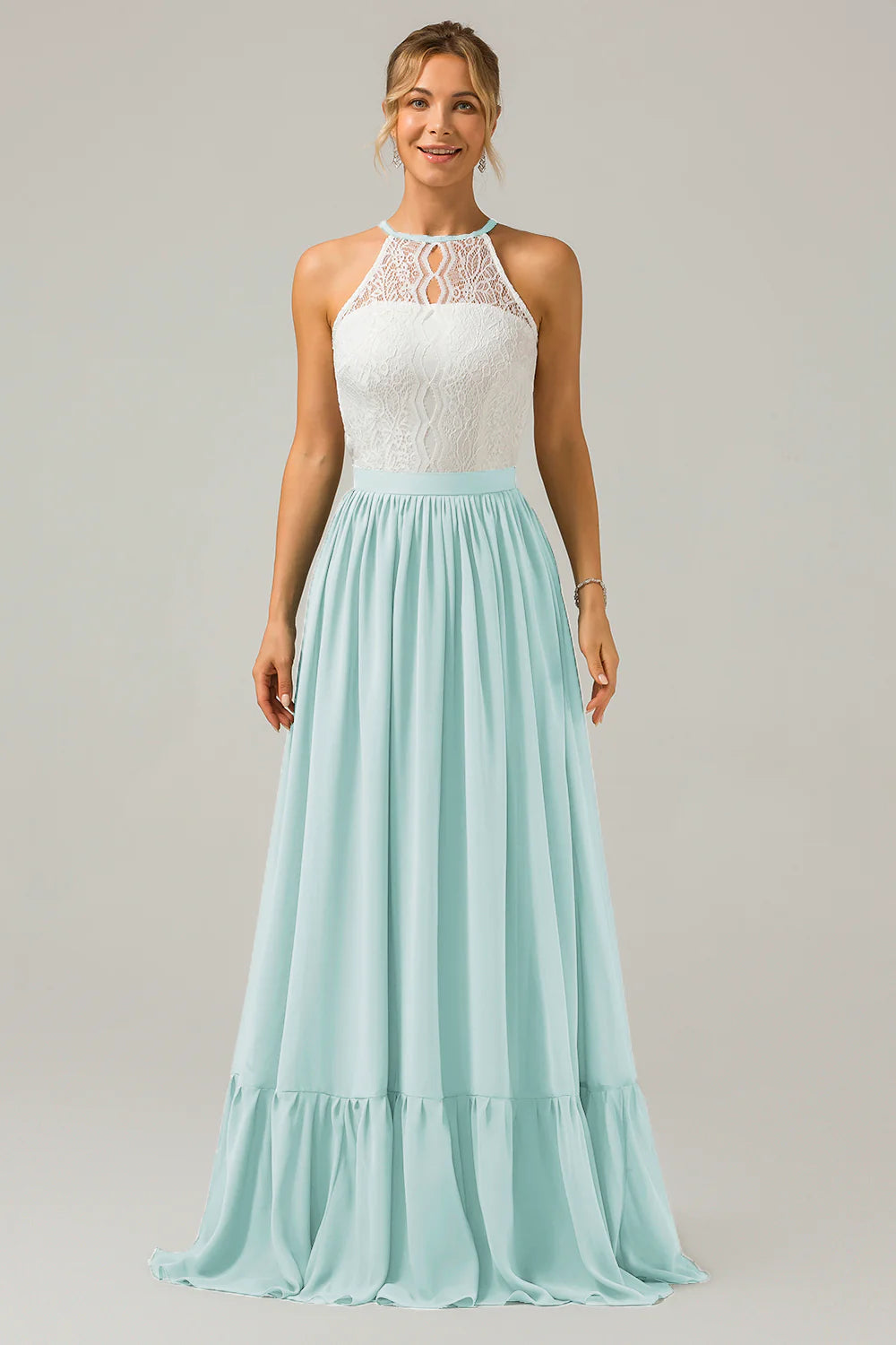 A Line Halter Pleated Keyhole Chiffon Bridesmaid Dress With Lace
