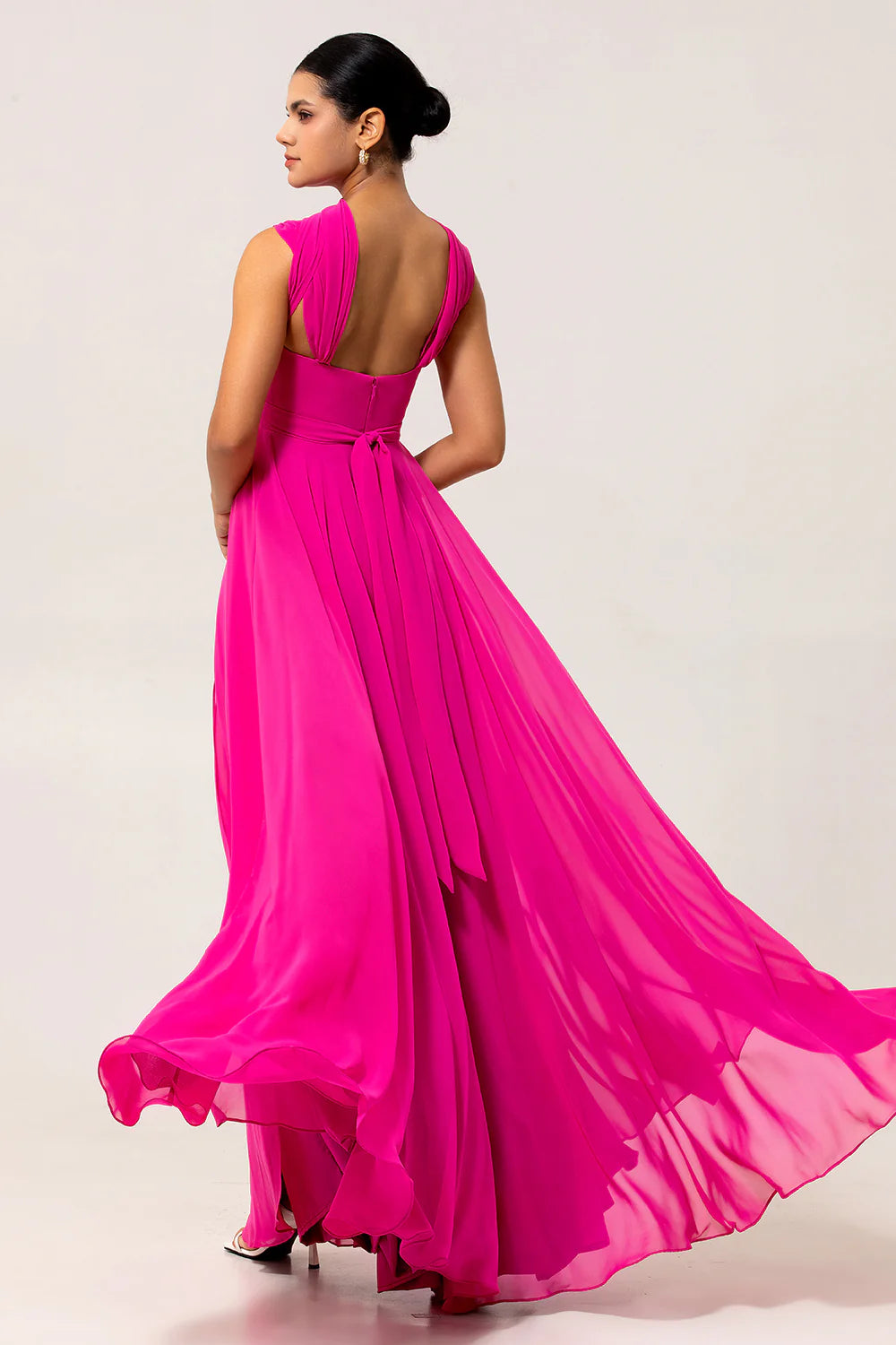 Fuchsia A Line Backless Long Convertible Chiffon Dress with Slit