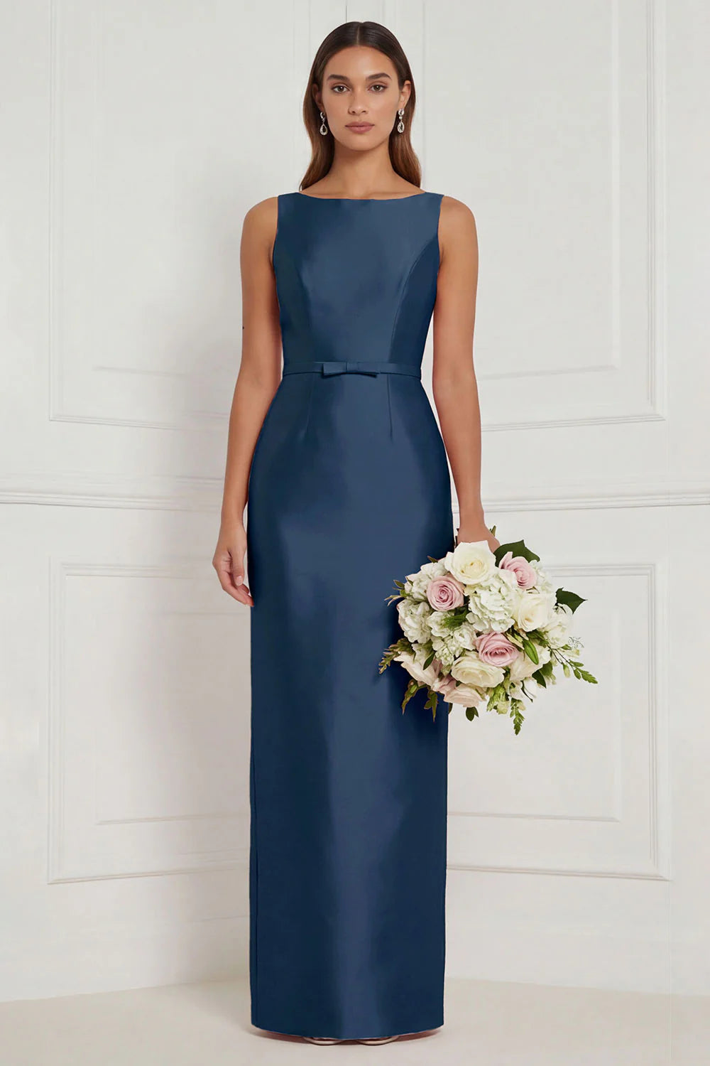 Sage Green Sheath Bateau Neck Satin Bridesmaid Dress