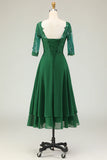 Green A Line Tie Back Appliqued Midi Mother Of The Bride Dress with Half Sleeves
