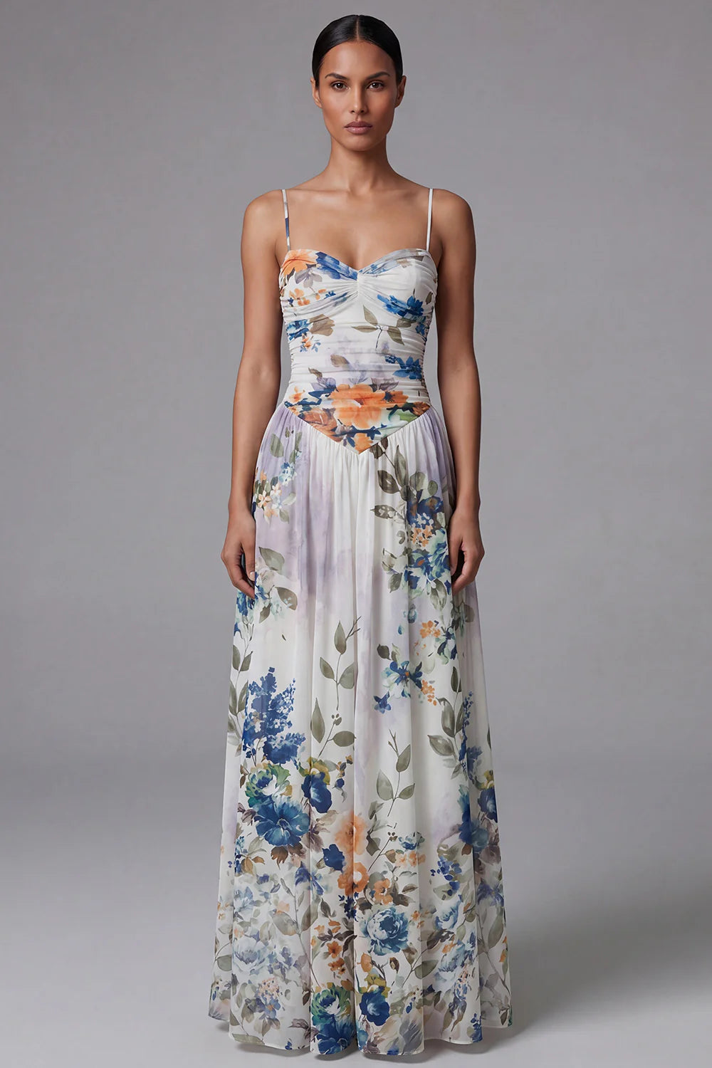 Black A Line Printed Ruched Long Formal Dress