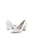 Pointed Toe White Rhinestone Chunky Heels with Flower