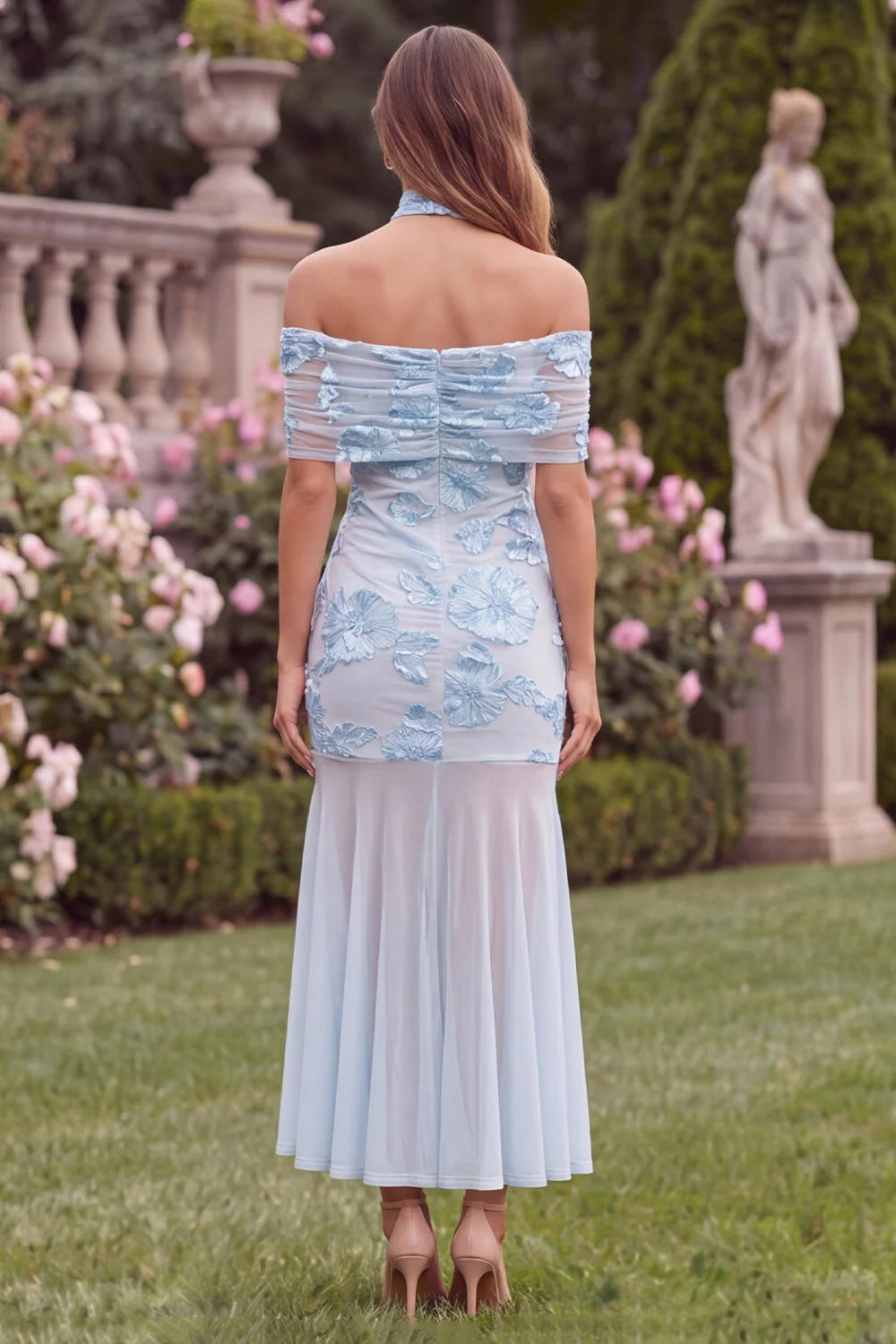 Off the Shoulder Baby Blue Mermaid Floral Wedding Guest Dress