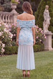Off the Shoulder Baby Blue Mermaid Floral Wedding Guest Dress