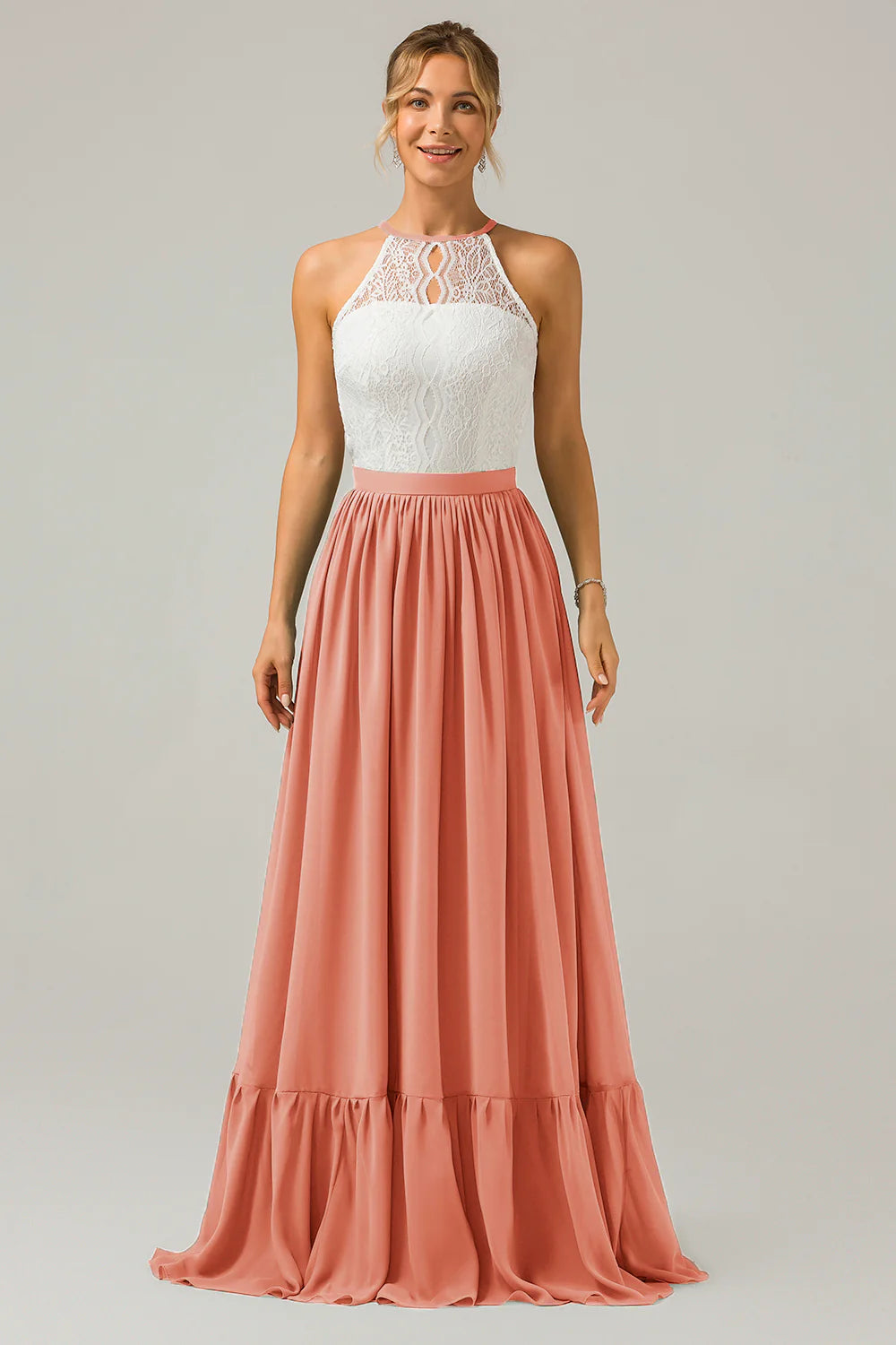 A Line Halter Pleated Keyhole Chiffon Bridesmaid Dress With Lace