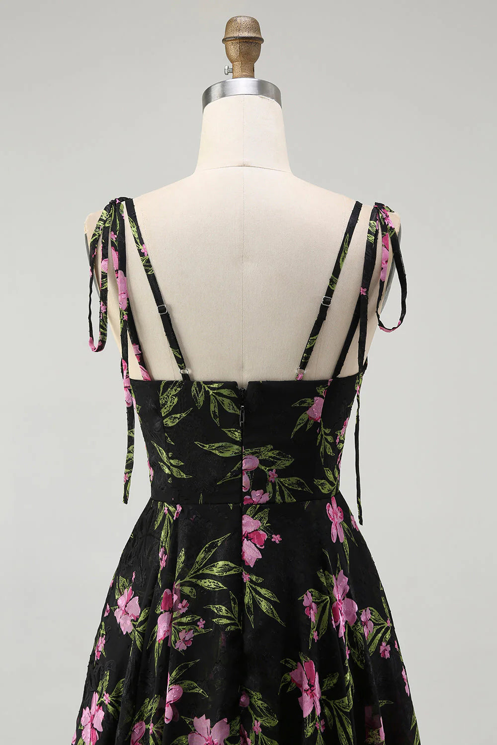 Black Pink Floral Tiered Chiffon Long Bridesmaid Dress with Adjustable Straps