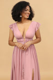 Blush A Line V Neck Long Chiffon Bridesmaid Dress with Slit