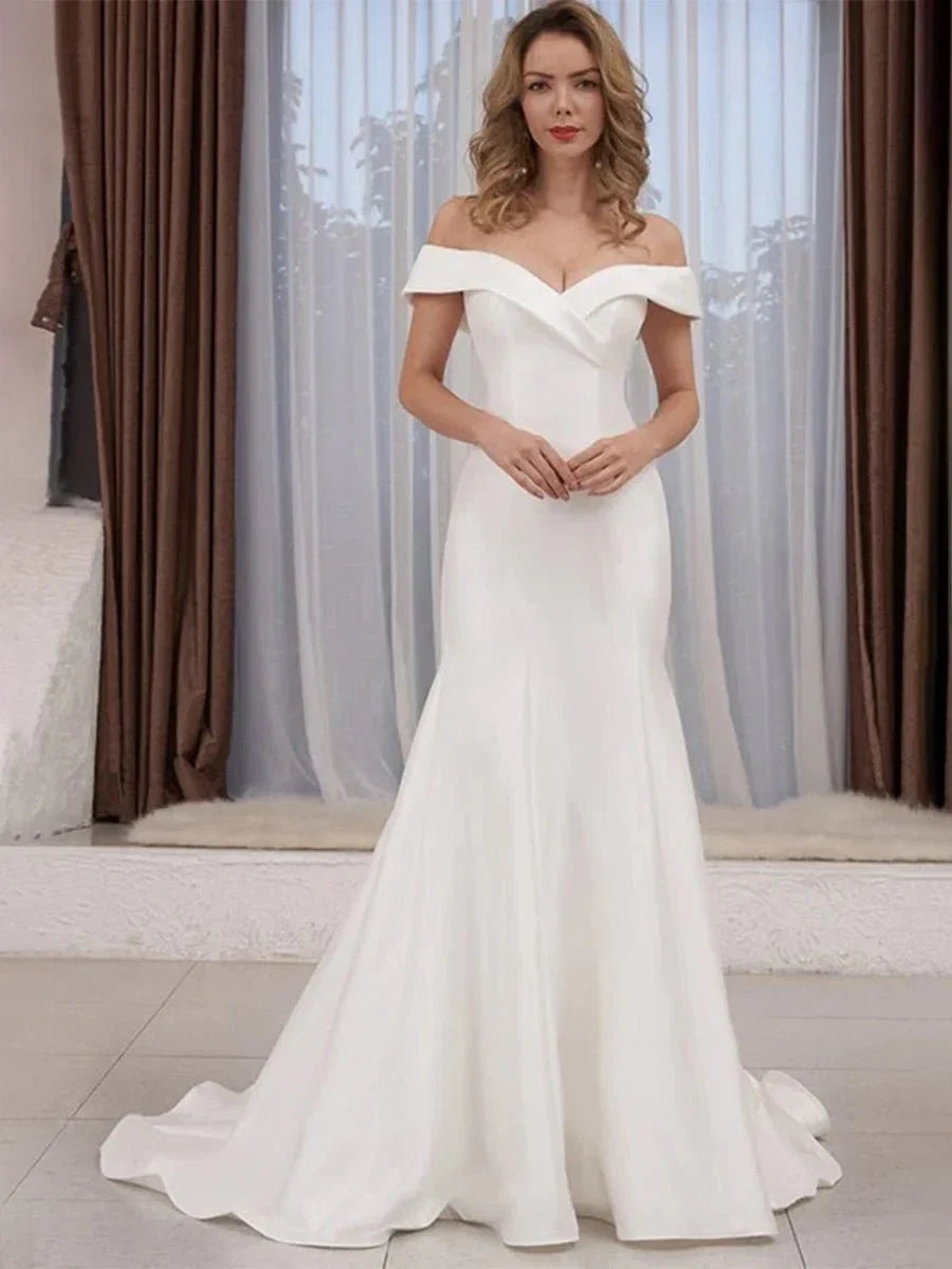 Chic Satin Off the Shoulder Sleeveless Sweep Train Bridal Dress