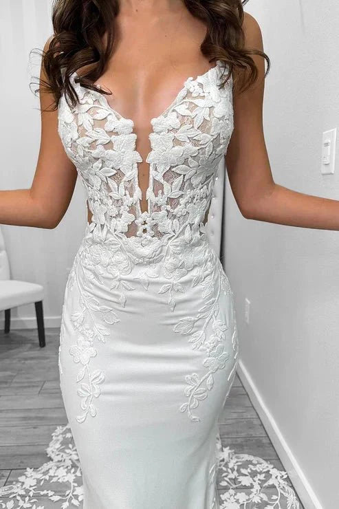 Sexy Satin V Neck Spaghetti Straps Illusion Lace Applique With Lace Train Wedding Dress