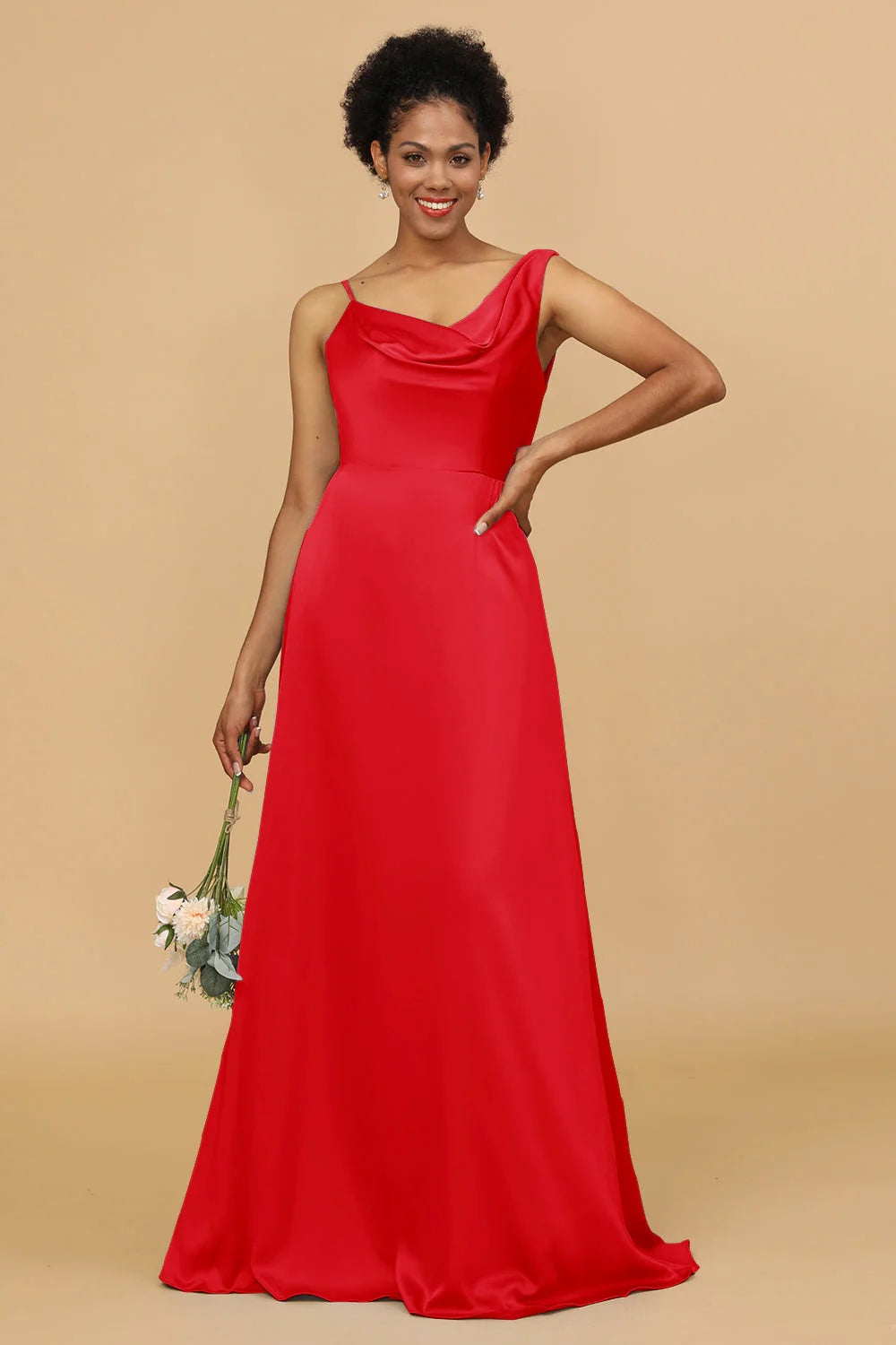 A Line Asymmetrical Neck Satin Floor Length Bridesmaid Dress