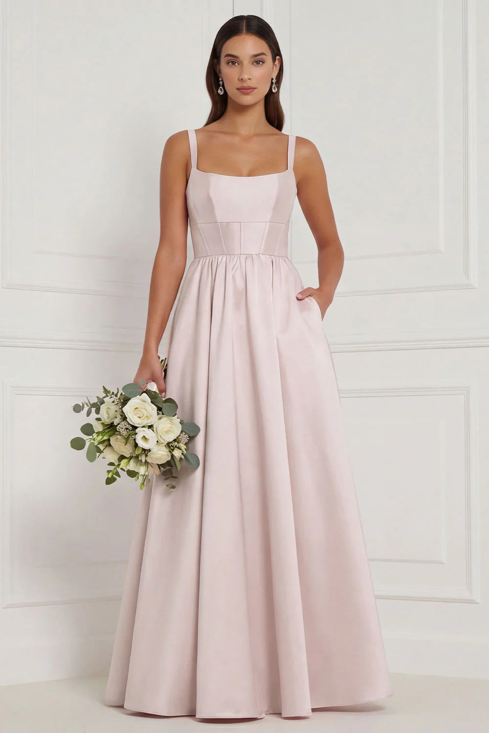 Lilac A Line Corset Satin Square Neck Long Bridesmaid Dress