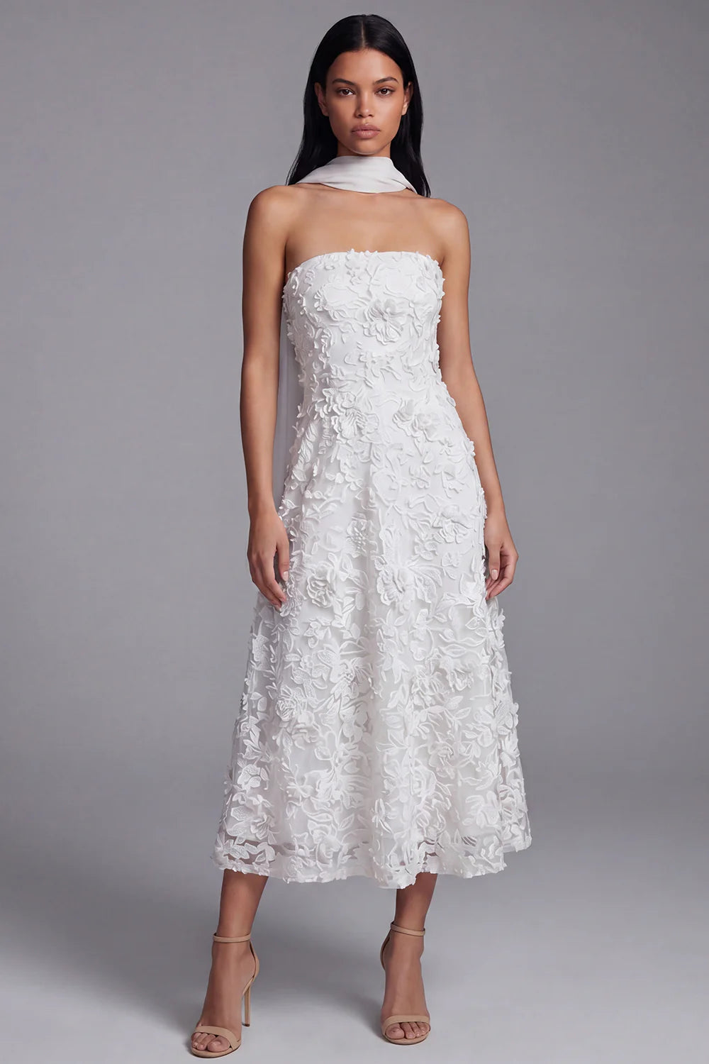 Strapless Blue Appliqued A Line Midi Wedding Guest Dress