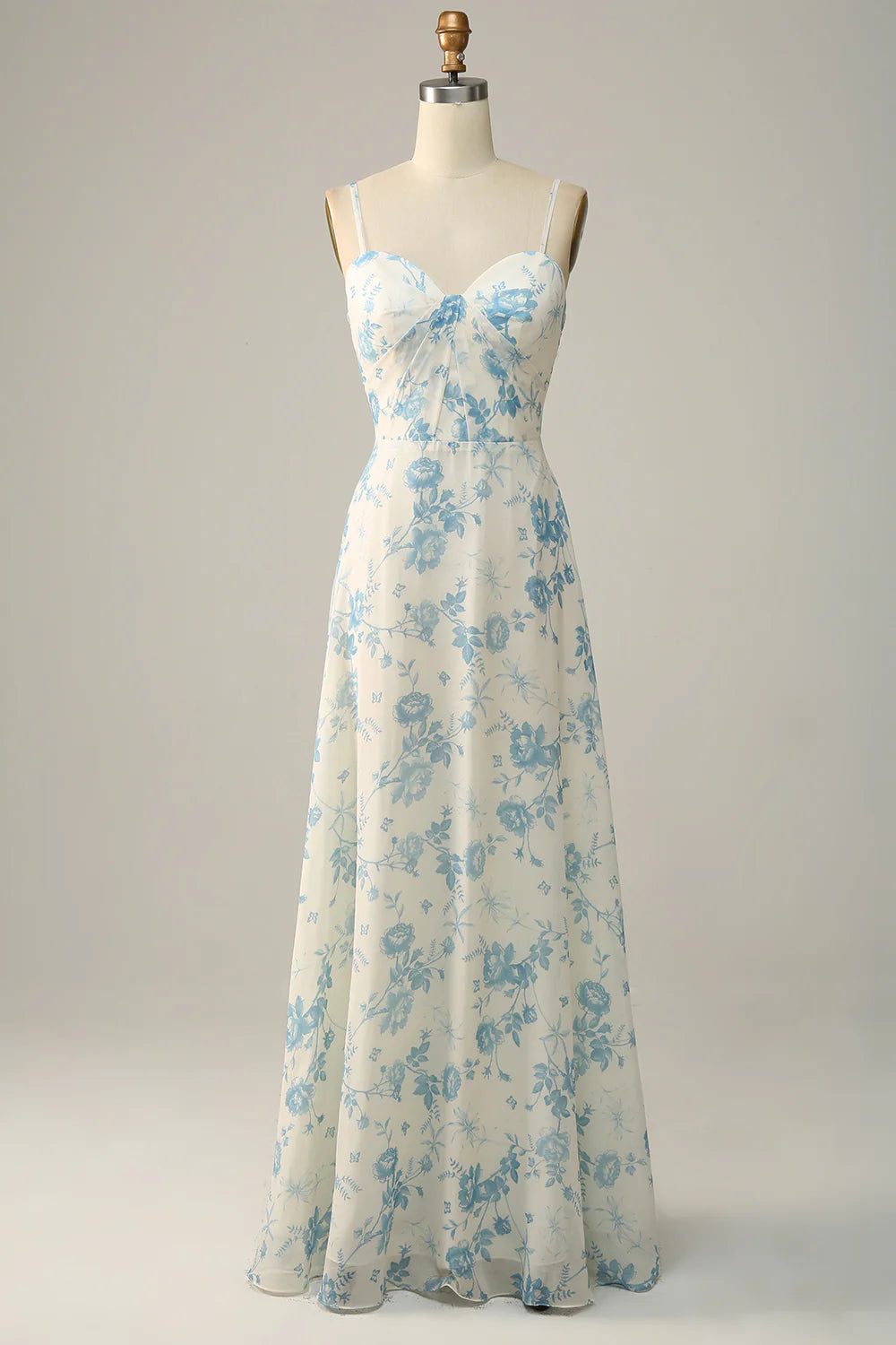 White Blue Flower A Line Spaghetti Straps Chiffon Floor Length Bridesmaid Dress