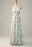 White Blue Flower A Line Spaghetti Straps Chiffon Floor Length Bridesmaid Dress