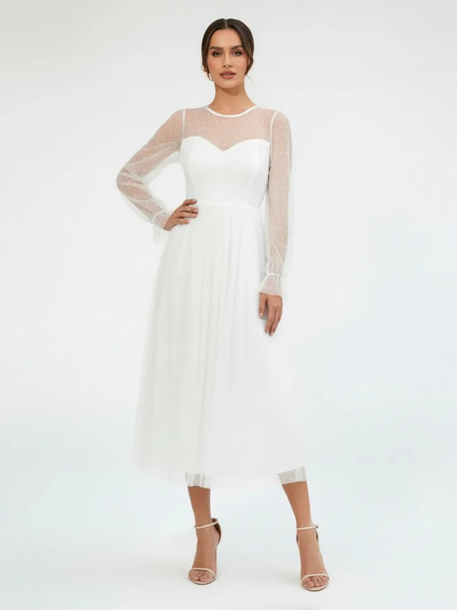 Elegant A Line Long Sleeve Tea Length Wedding Dresses