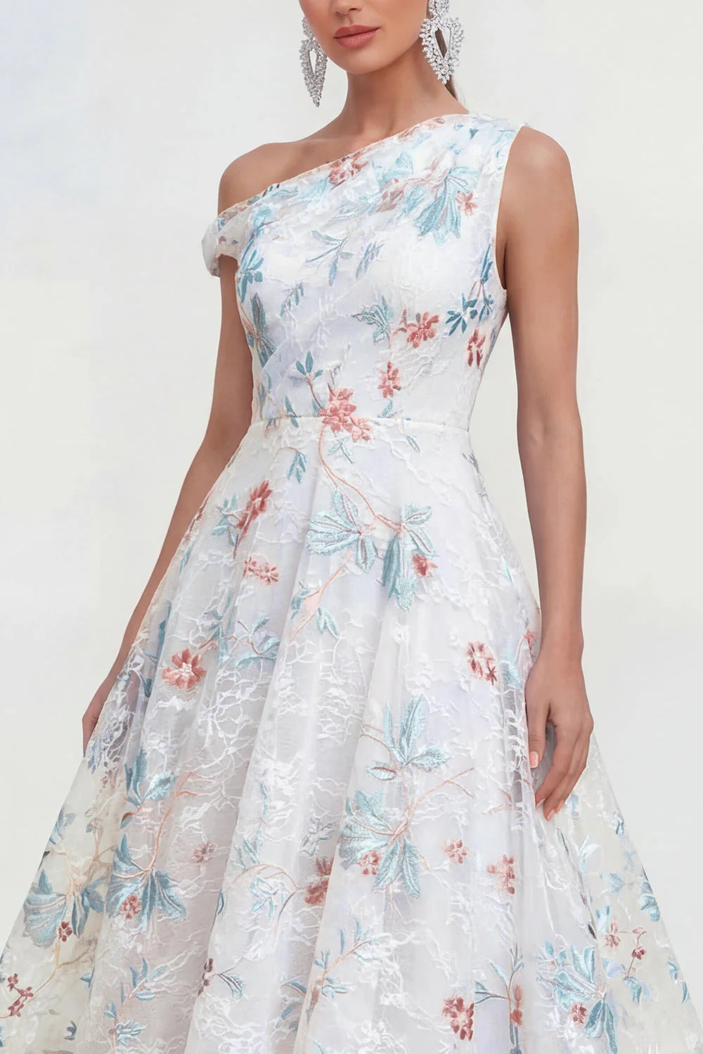 Asymmetrical Neck A Line White Floral Wedding Guest Dress