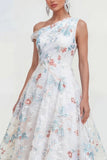 Asymmetrical Neck A Line White Floral Wedding Guest Dress