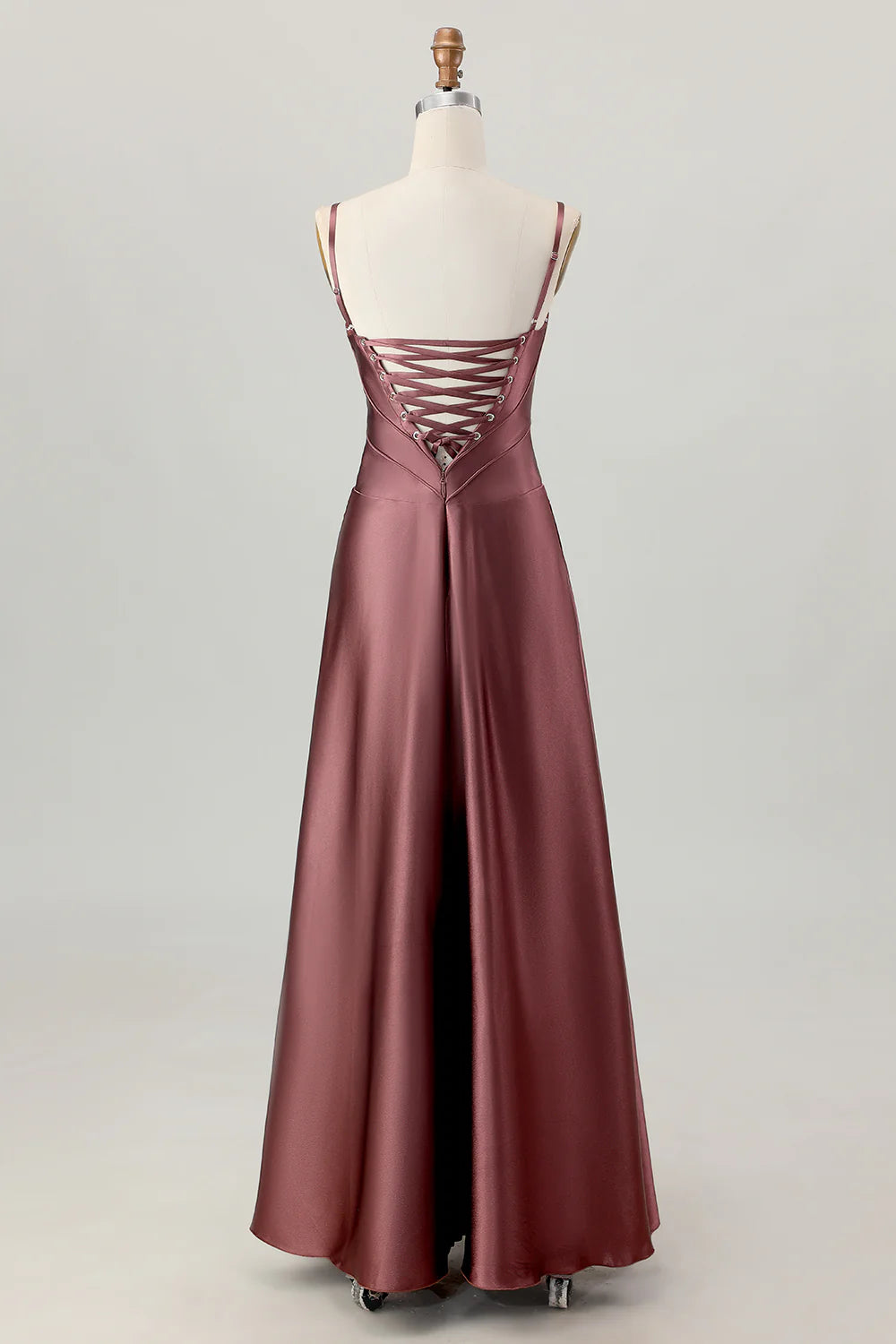 Dusty Sage A Line Spaghetti Straps Satin Long Bridesmaid Dress with Lace Up Back