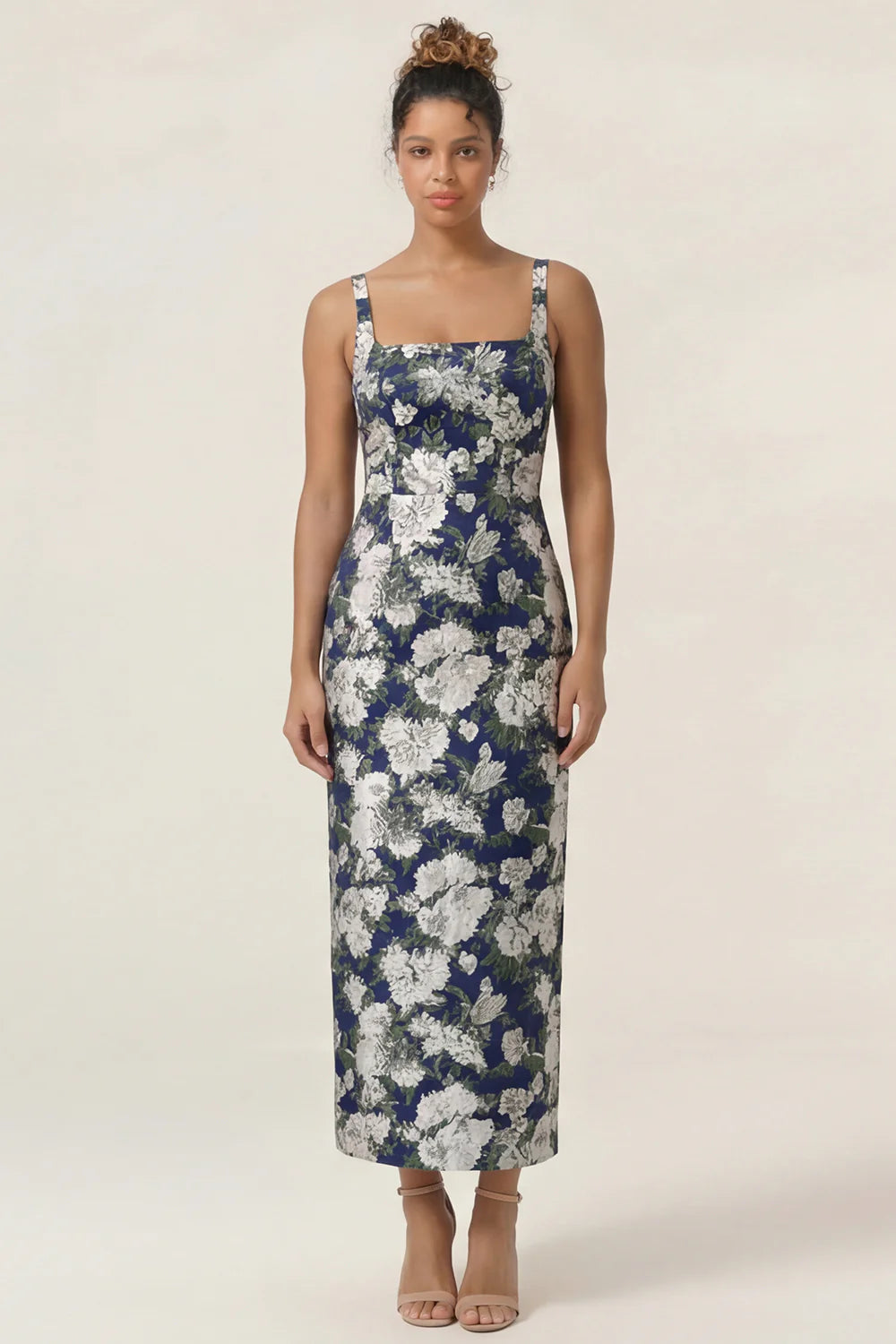 Lilac Flower Sheath Square Neck Ankle Length Wedding Guest Dress