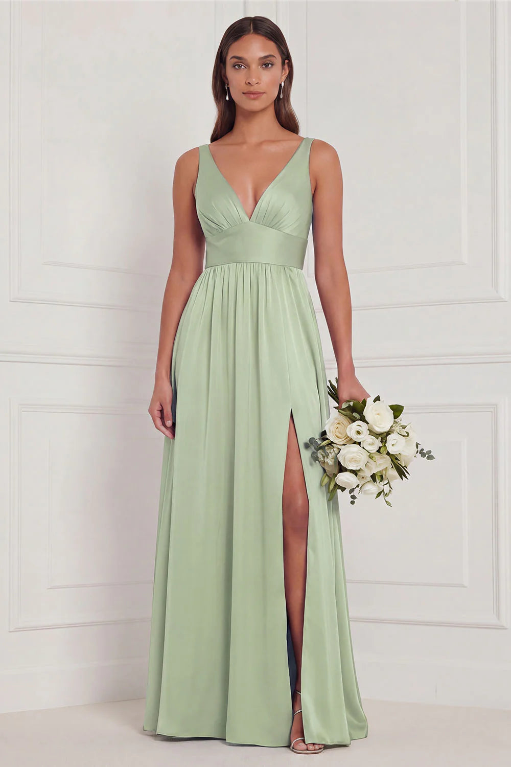 Dusty Blue A Line V Neck Bridesmaid Dress with Slit