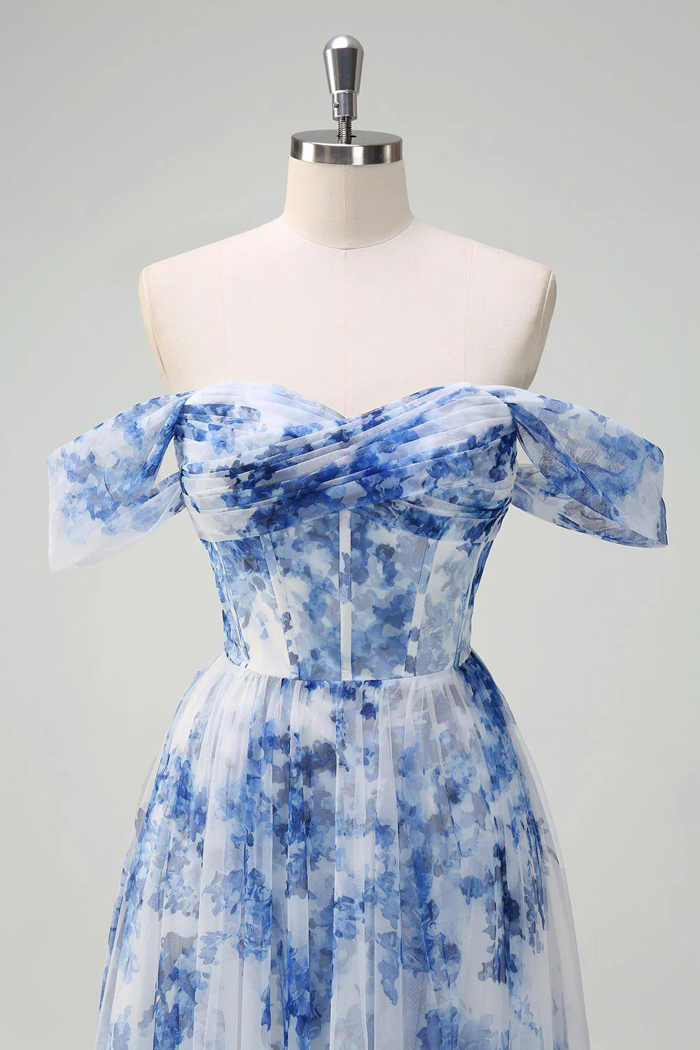 White Blue Flower A Line Off the Shoulder Ruched Corset Maxi Dress with Slit