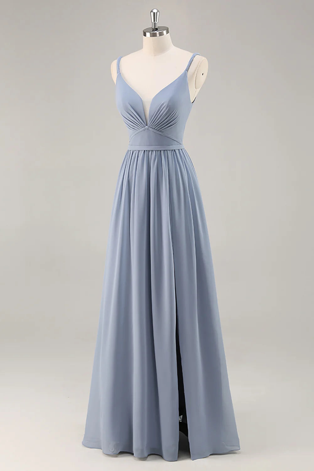 Dusty Blue A Line Spaghetti Straps Ruched Long Bridesmaid Dress with Slit