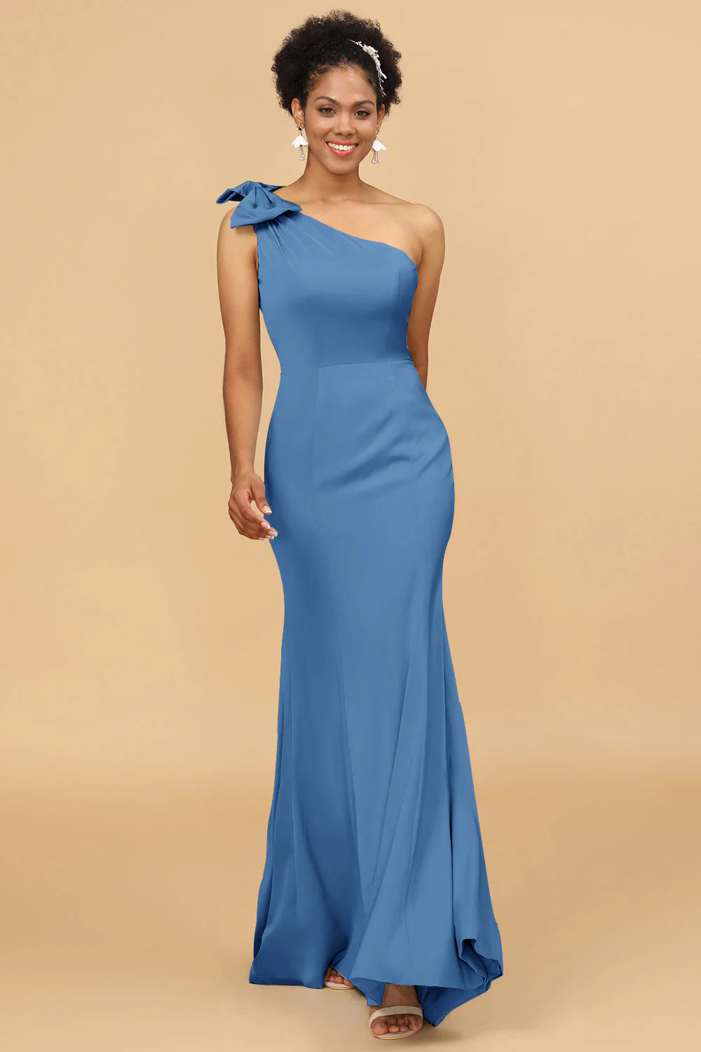 Mermaid One Shoulder Satin Long Bridesmaid Dress With Bowknot