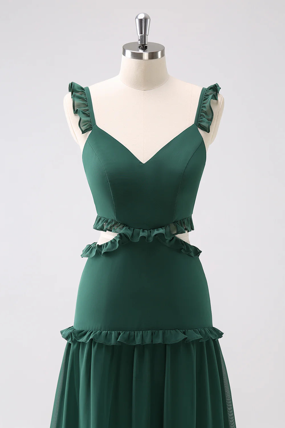 Dark Green A Line Hollow Out Chiffon Ruffle Floor Length Bridesmaid Dress