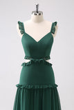 Dark Green A Line Hollow Out Chiffon Ruffle Floor Length Bridesmaid Dress