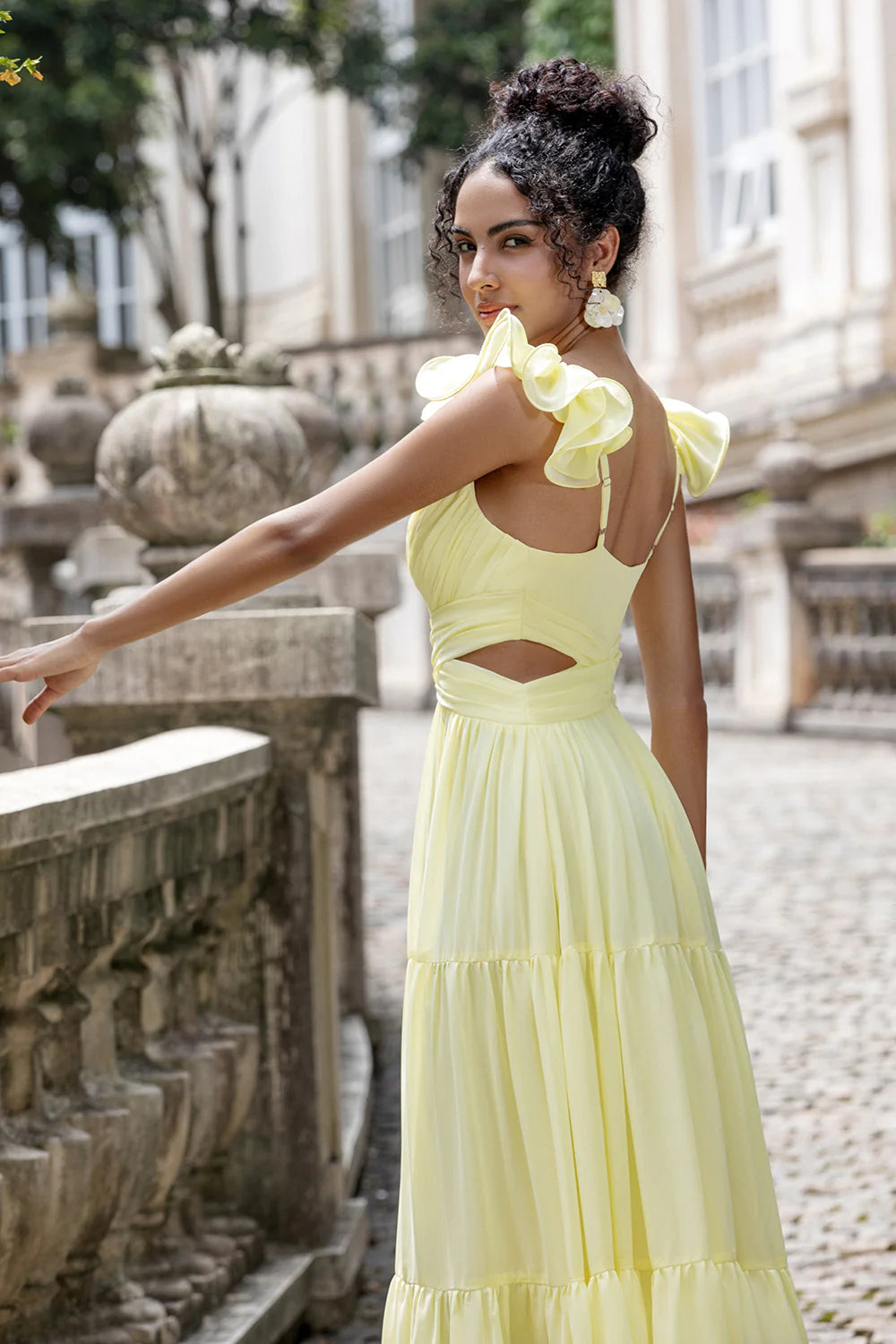 Simple A Line Pleated Chiffon Lemon Yellow Wedding Party Guest Dress with Ruffles