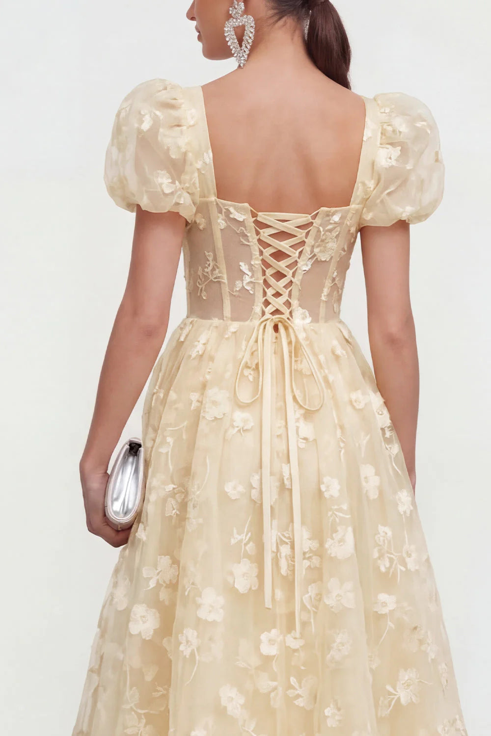 Floral Pink Puff Sleeve A Line Corset Wedding Guest Dress