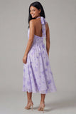 Halter Pleated Floral A Line Lilac Midi Wedding Guest Dress