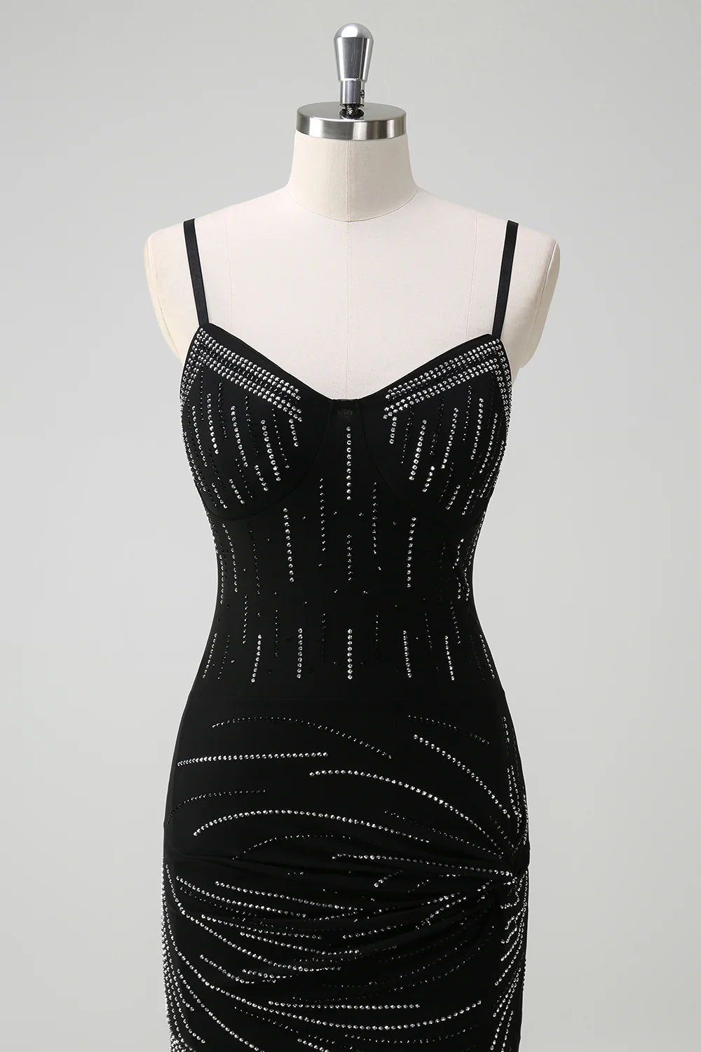 Glitter Mermaid Spaghetti Straps Beaded Long Black Prom Dress with Slit
