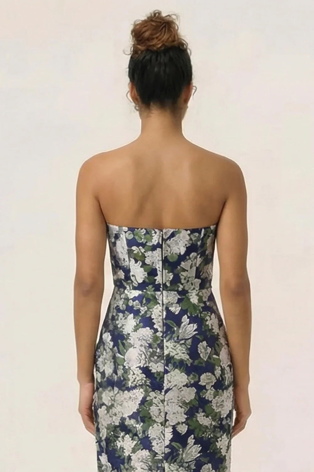 Blue Sheath Strapless White Floral Back Slit Satin Maxi Dress with Pockets