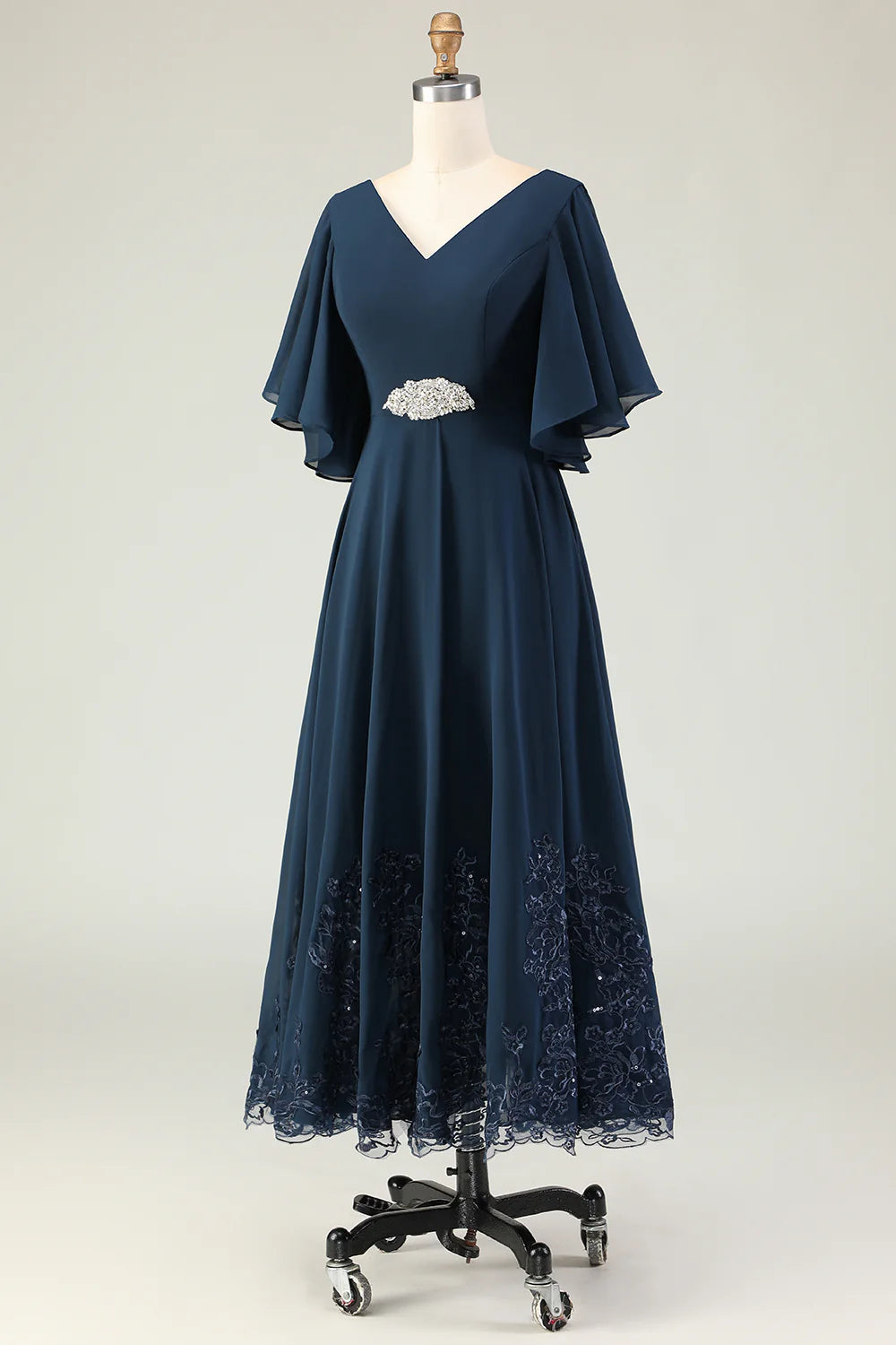 Navy A Line Embroidered Chiffon V Neck Chiffon Mother Dress with Rhinestones