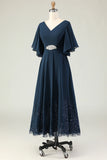 Navy A Line Embroidered Chiffon V Neck Chiffon Mother Dress with Rhinestones