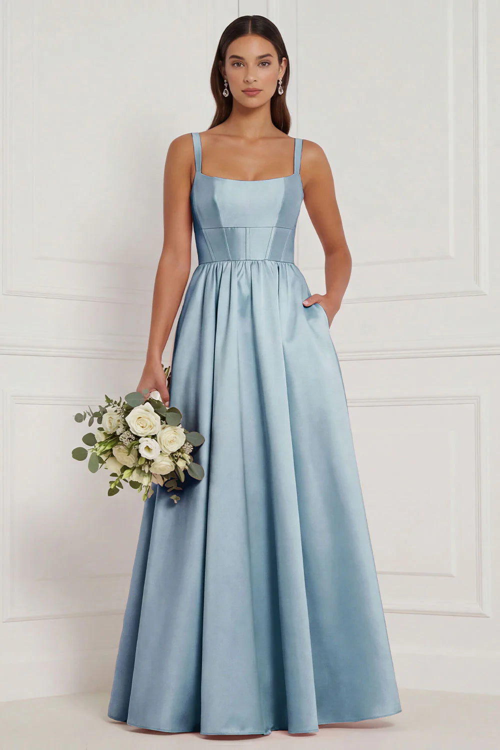 Lilac A Line Corset Satin Square Neck Long Bridesmaid Dress