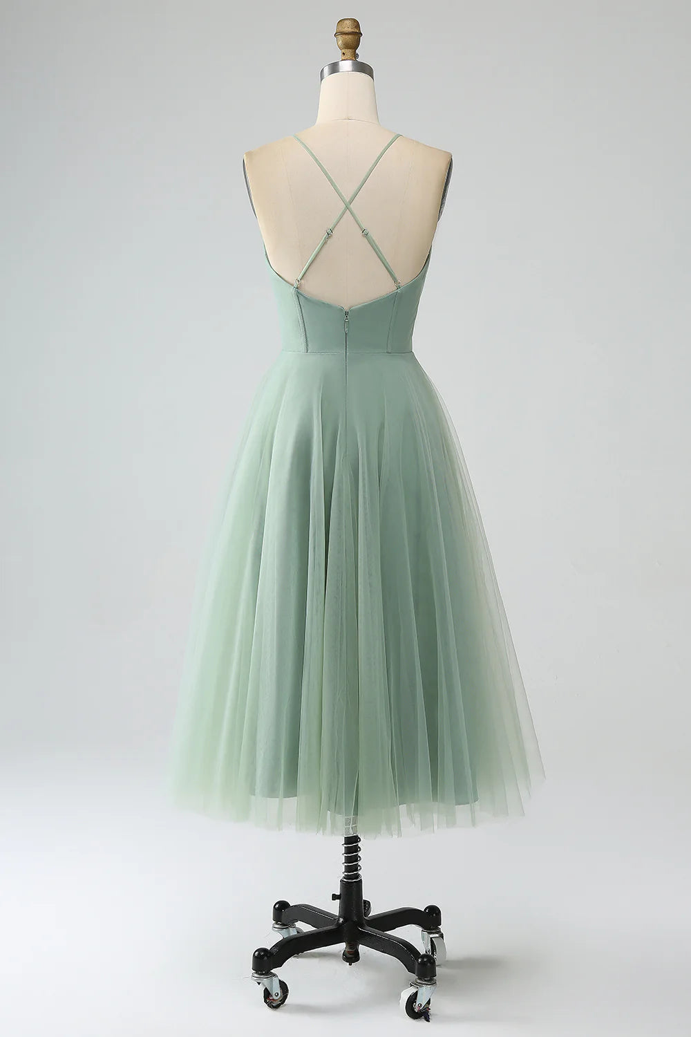 Matcha A Line Spaghetti Straps Tea Length Corset Tulle Bridesmaid Dress