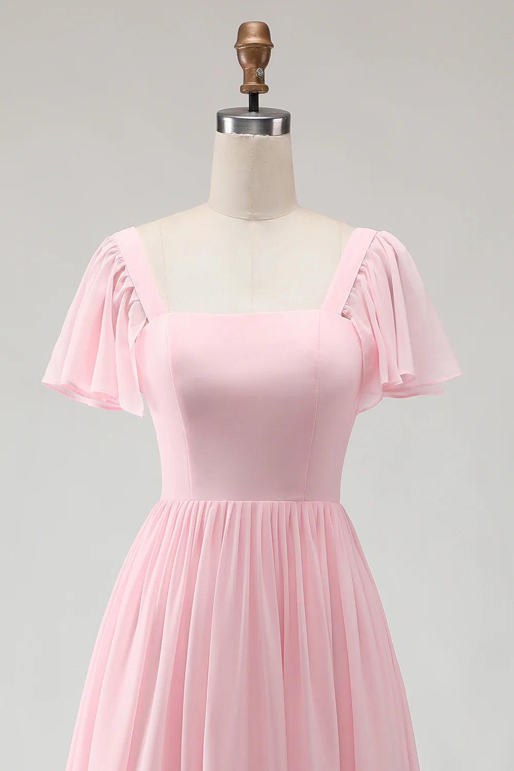 Candy Pink A Line Flutter Sleeves Long Bridesmaid Dress with Lace Up Back