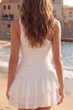 One Shoulder Ivory Ruched Ruffled Short Graduation Dress with 3D Flowers
