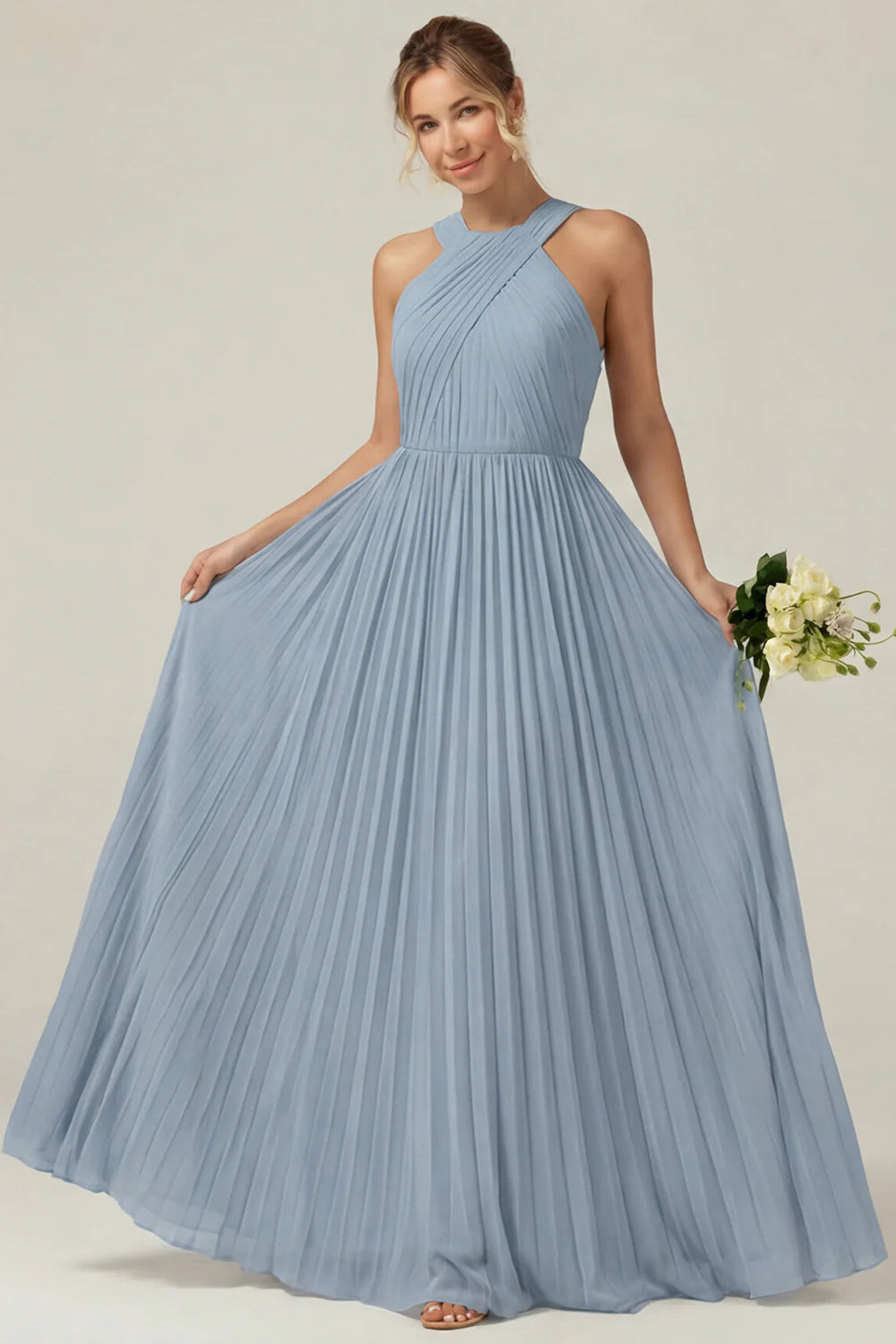 Dusty Sage A Line Halter Pleated Long Bridesmaid Dress