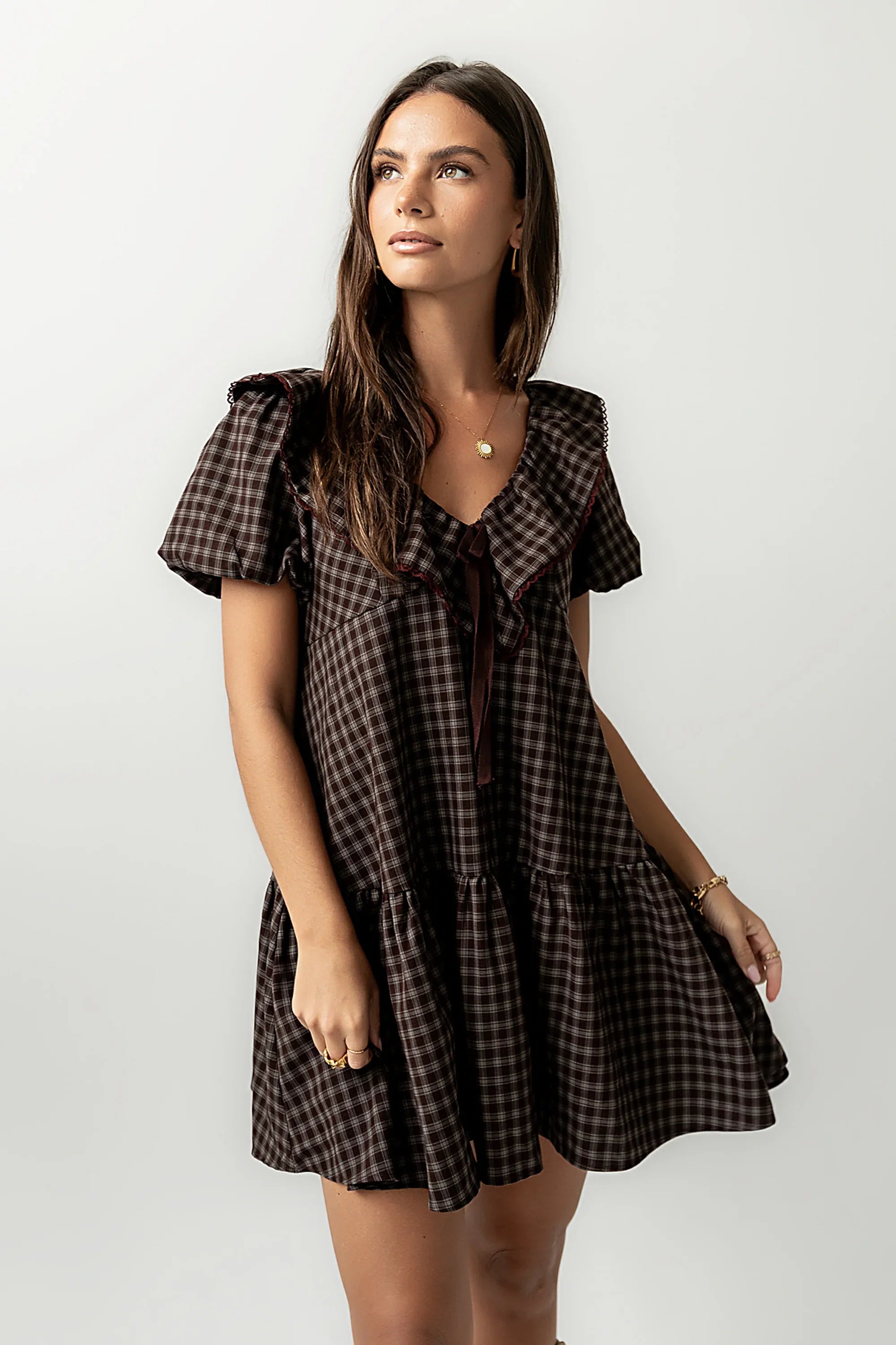 Tony Gingham Baby Doll Dress in Brown FINAL SALE