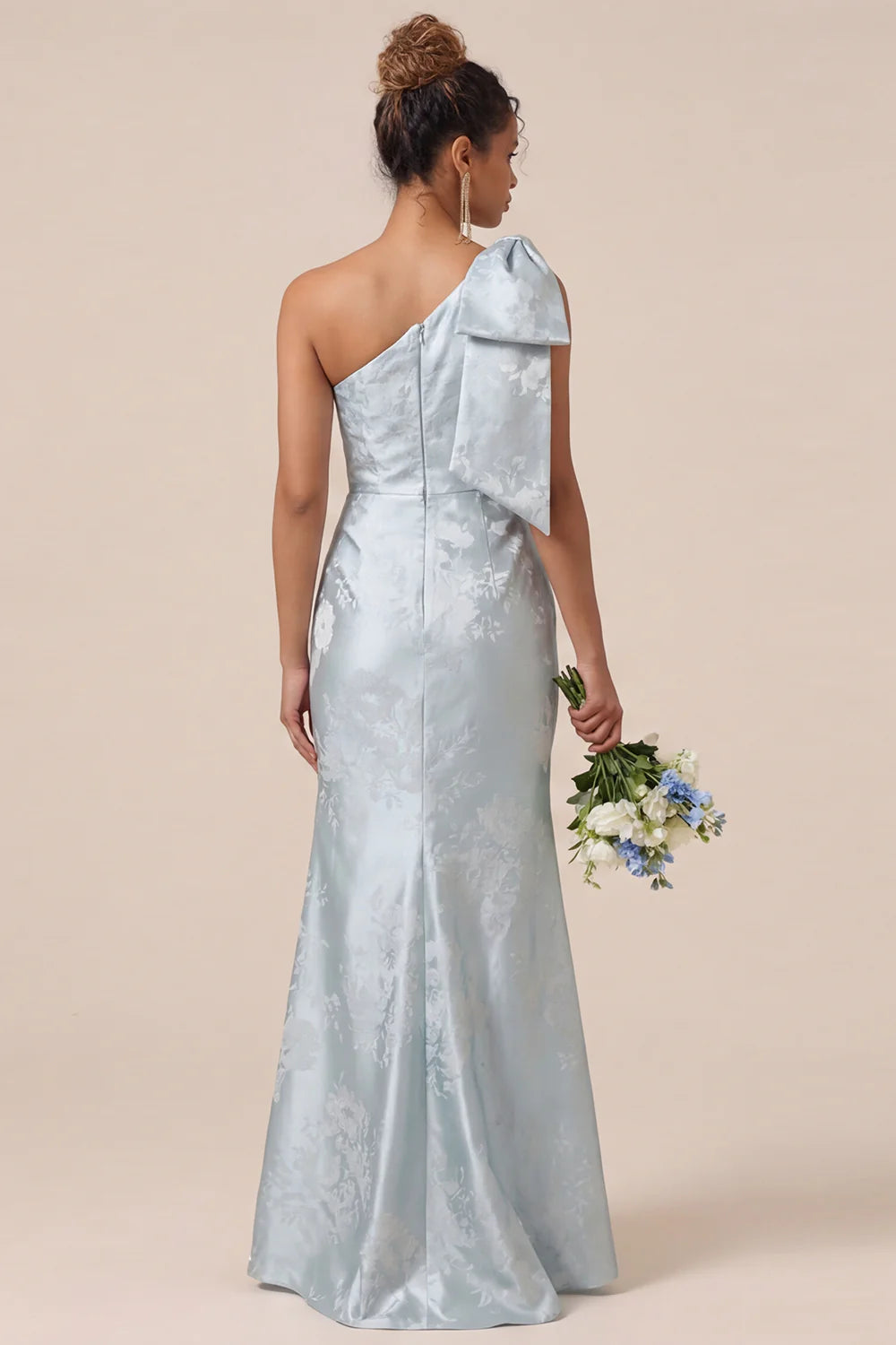 Blush Pink Mermaid One Shoulder Floral Long Bridesmaid Dress with Bow