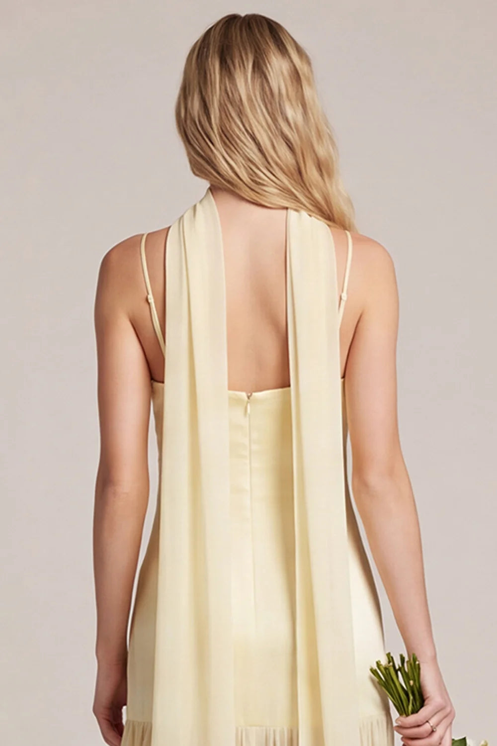 Daffodil Satin Spaghetti Straps Bridesmaid Dress with Scraf