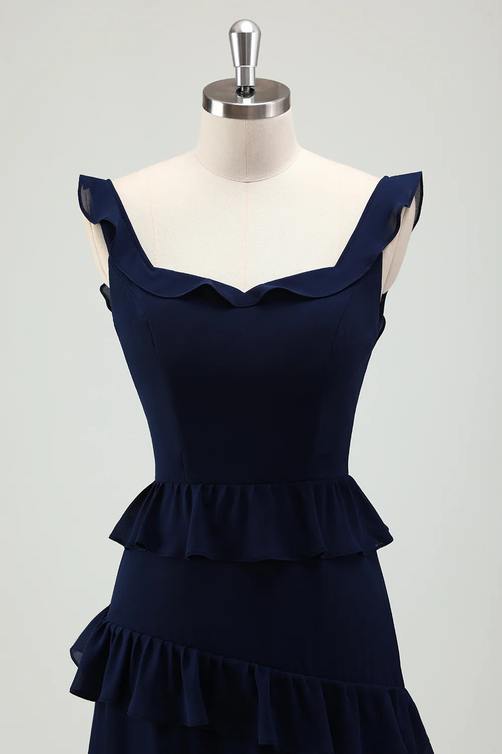 Dark Navy A Line Backless Floor Length Tiered Ruffle Bridesmaid Dress
