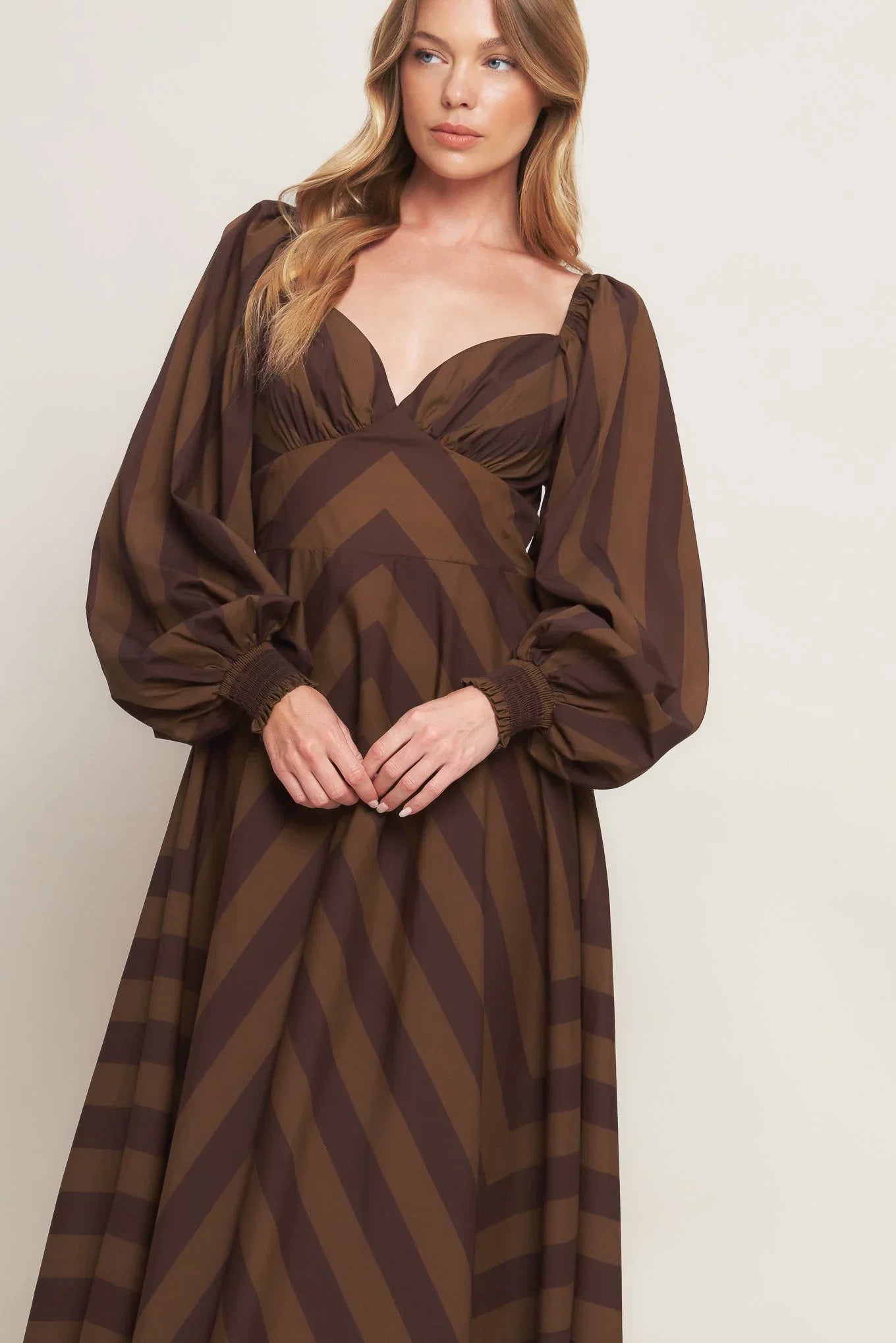 GODDESS BROWN STRIPE LONG SLEEVE MIDI DRESS