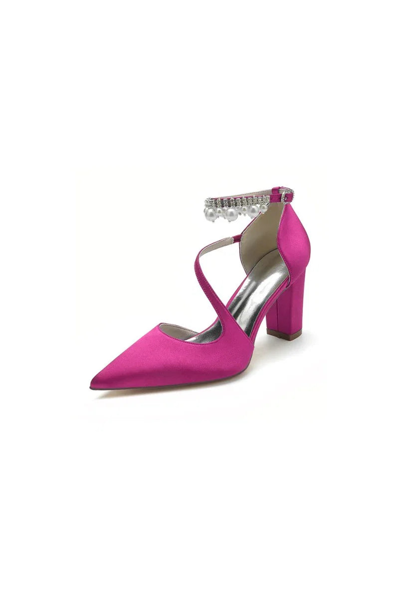 White Satin Heels with Cross Strap Design and Pearl Accented Buckle