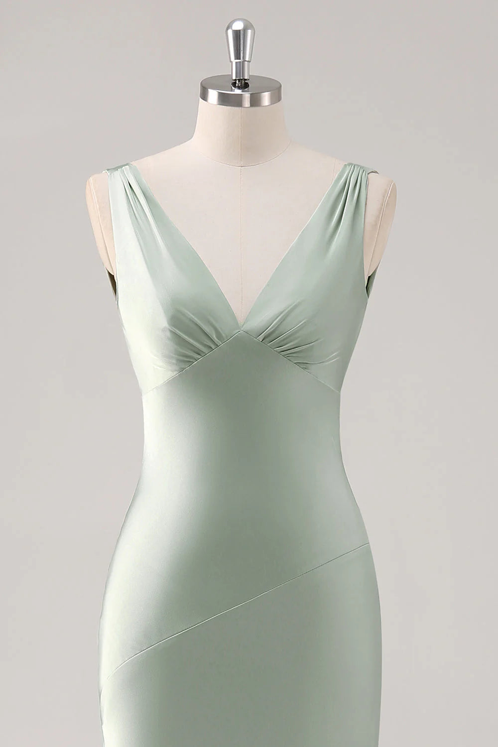 Sage Green Sheath V Neck Backless Satin Bridesmaid Dress